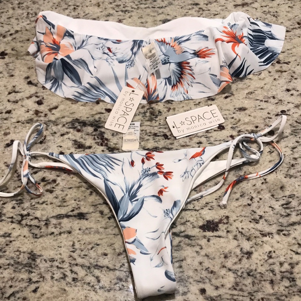 L*Space Two Piece Swimsuit Bird of Paradise Bandeau Top tie bikini bottom NEW